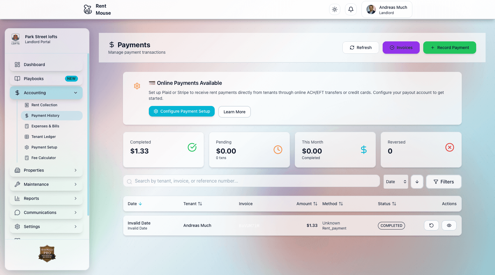 Payment Tracking interface screenshot